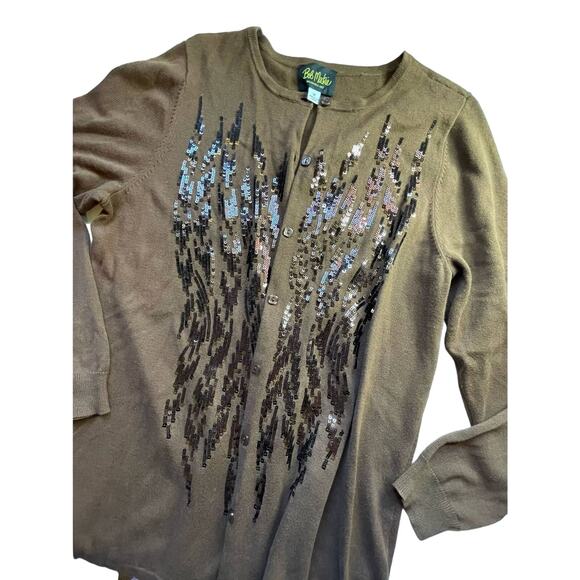 Bob Mackie Chocolate Sequined Cotton Blend Knit Cardigan Sweater Size Medium - Picture 2 of 3
